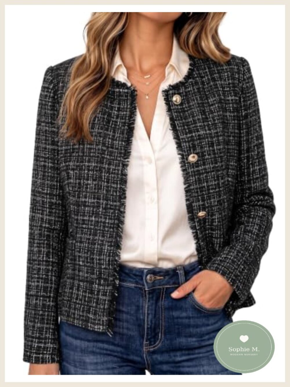 Tweed Blazers for Women Collarless Work Jacket with Pockets